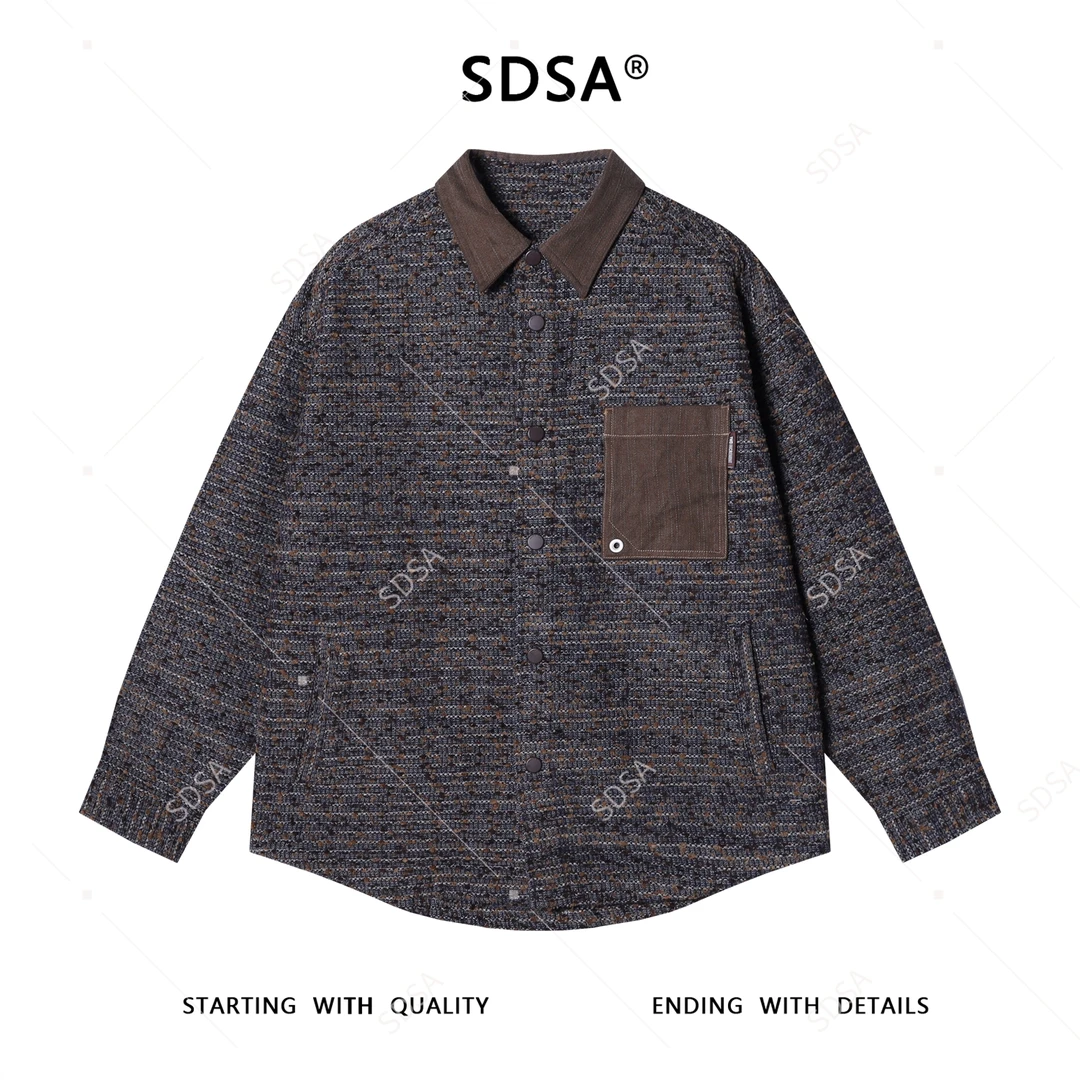 SDSA男士秋冬新款痞帅男装潮牌撞色提花口袋翻领长袖衬衫宽松百搭