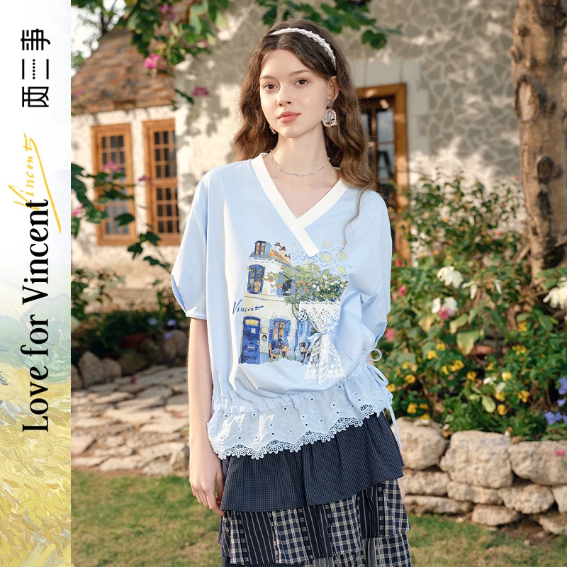 两三事梵高文艺露台寻香2025春季新款抽绳绑带蕾丝下摆印花t恤女