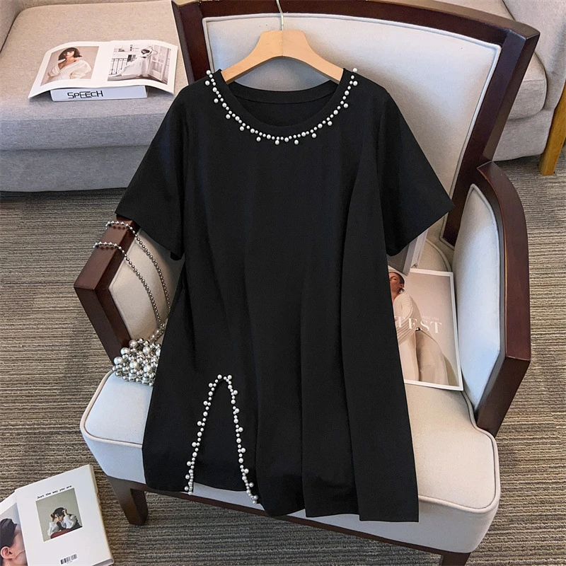 新款宽松显瘦大码加肥短袖T恤女气质休闲棉质黑色中长款开叉衣服