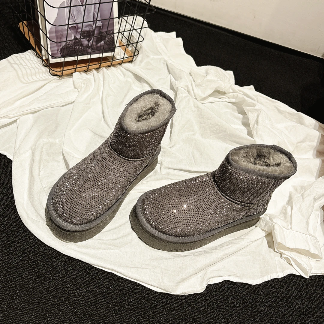 blingbling~水钻厚底真皮雪地靴女2025冬新款防滑加厚棉靴ins短靴