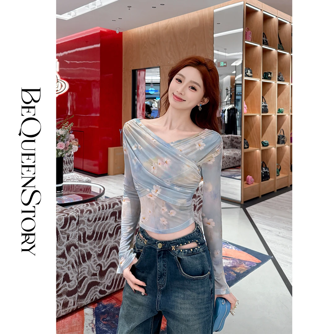 韩韩IU【莫奈花港】2025春装新款欧若风晕染印花弹力修身长袖上衣