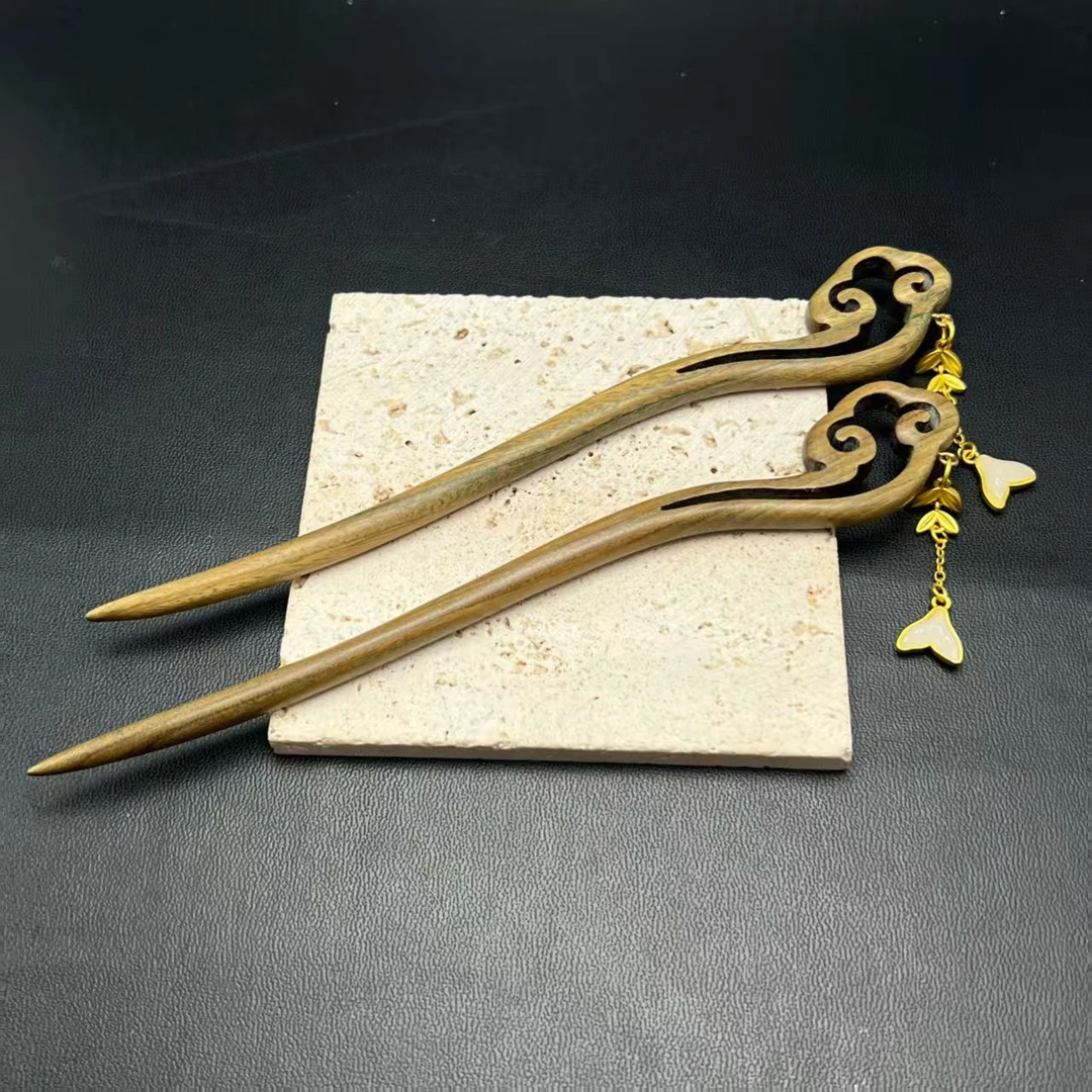 【北野珠宝】天然绿檀木发簪-B208H-8多样性发一170mm