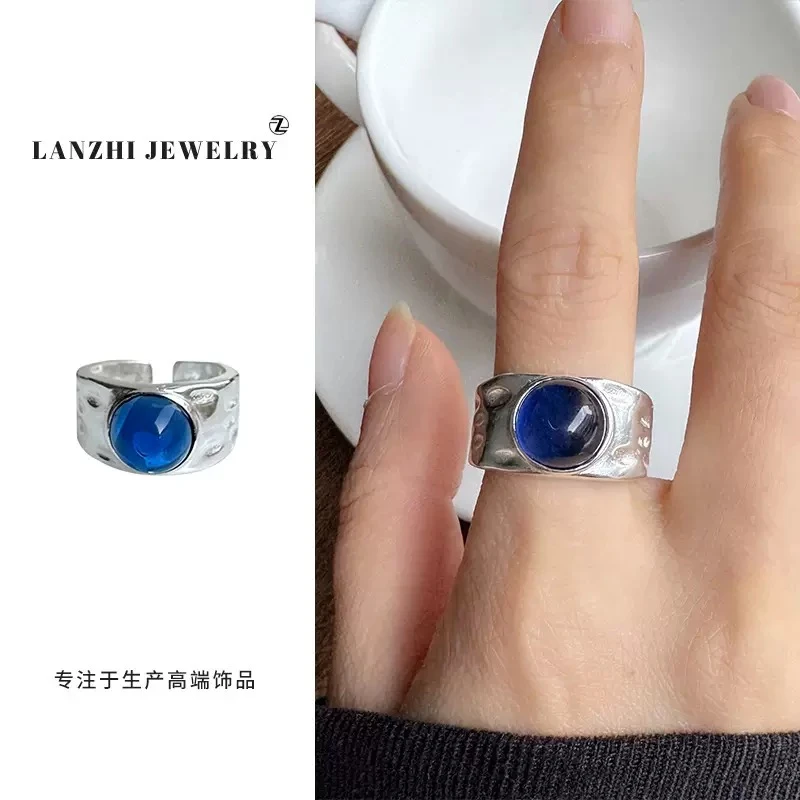 925银戒指 蓝色宝石轻奢法式开口指环个性韩国ins925银戒指