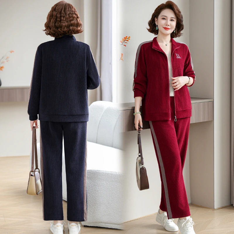 中老年女装春装新款运动套装40岁50妈妈春秋休闲两件套女翻领上衣