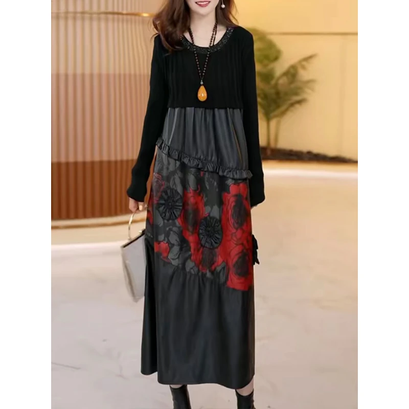 9601#时尚针织拼接中长款连衣裙女秋冬新款长袖高端洋气宽松显瘦