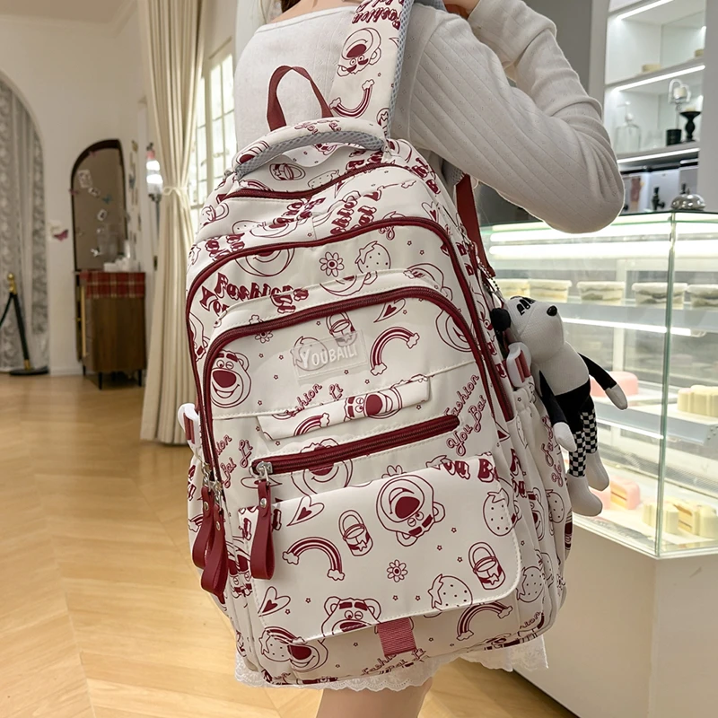草莓熊书包女初中高中小学生大容量轻便双肩包高颜值印花背包
