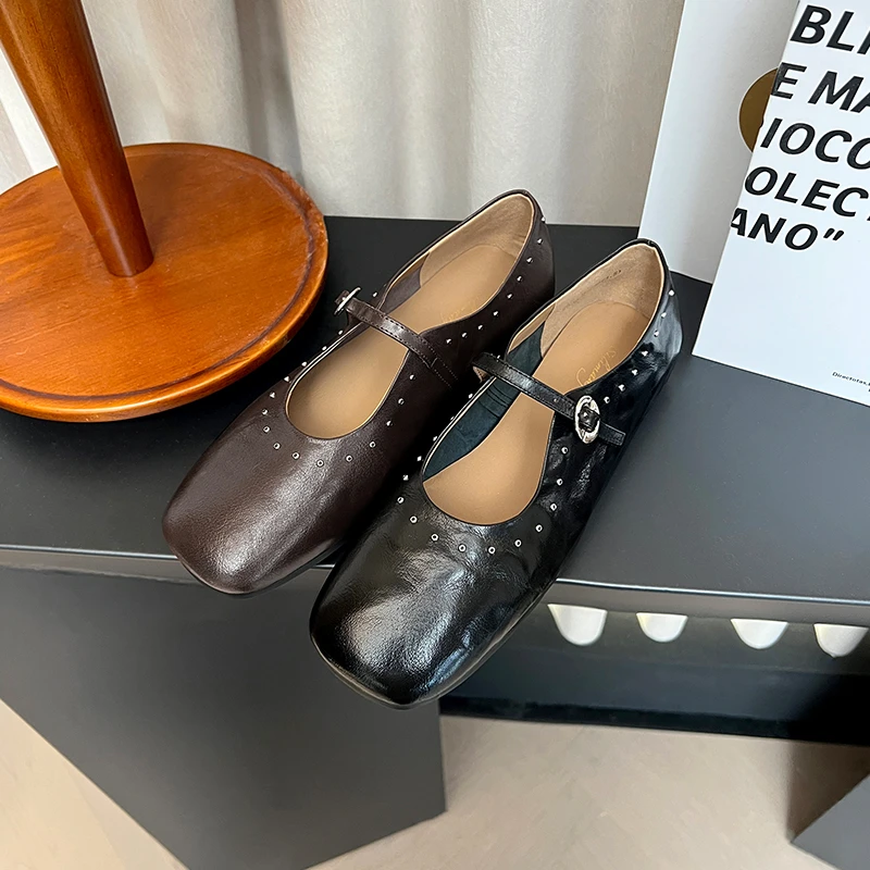 方头百搭浅口春季单鞋时尚真皮女鞋休闲平复古底玛丽珍鞋