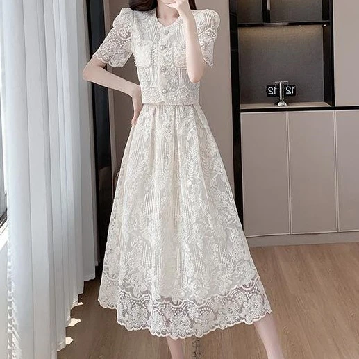 夏新款高级感名媛小香风钉珠水溶蕾丝短款上衣高腰大摆中裙女装