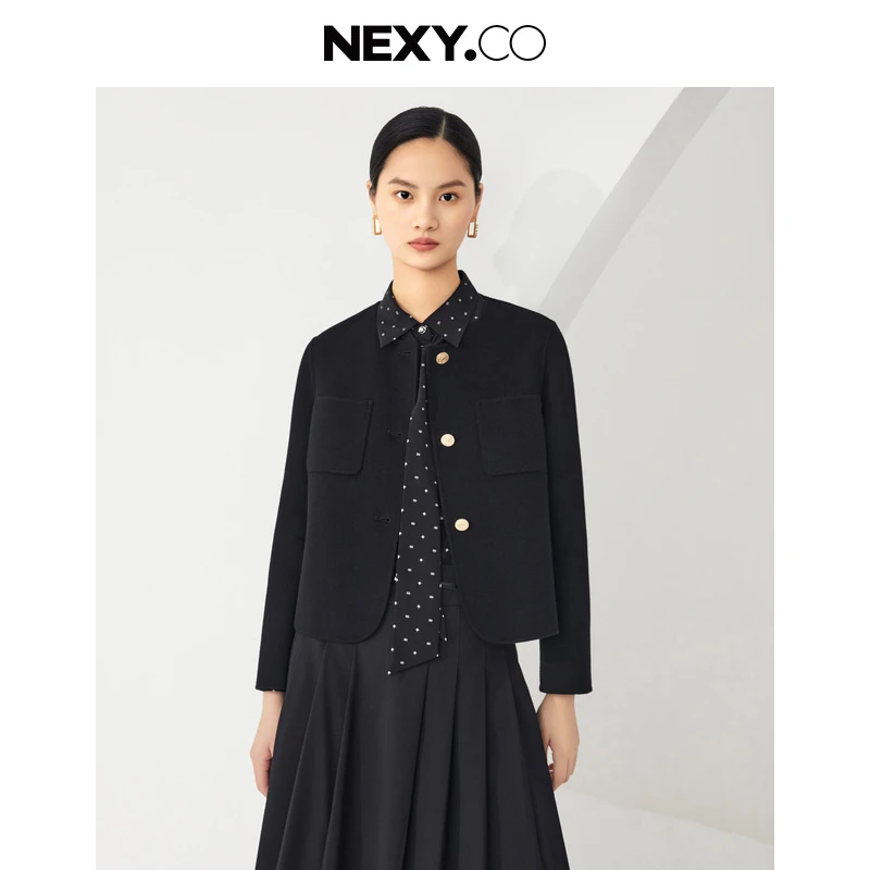 【晨粉专享价】NEXY.CO/奈蔻翻领毛呢黑色短外套XL00794W0