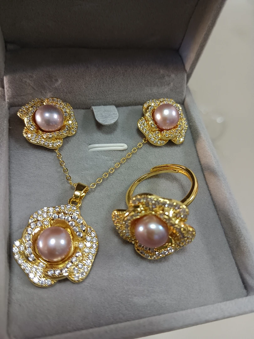 734天然紫色珍珠耳饰项链戒子三件套