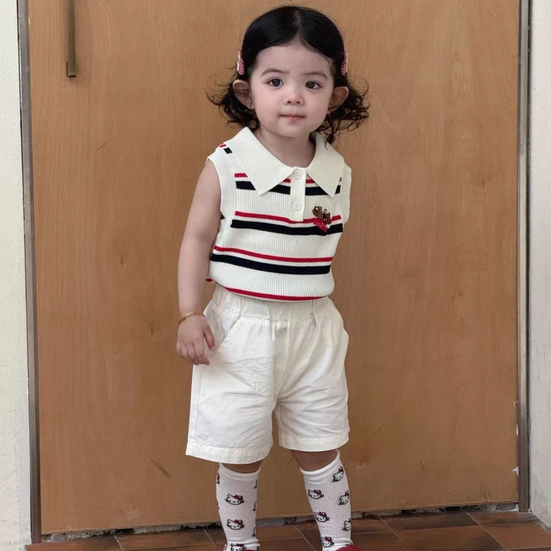 品牌清仓~2025夏季新款女童小香风套装宝宝翻领针织背心休闲短裤