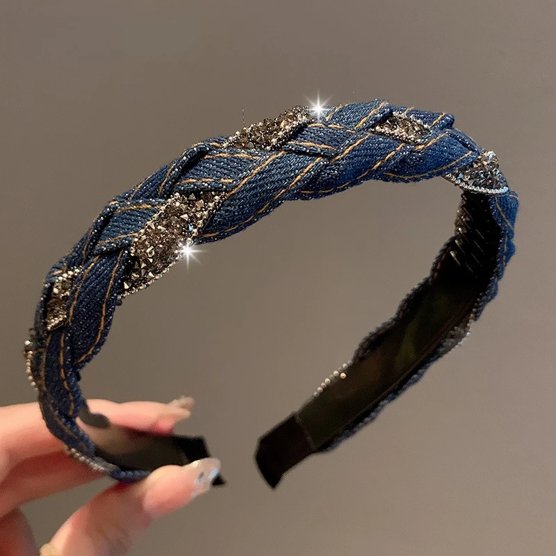 法式复古优雅牛仔蓝色水钻缠绕发箍韩系气质压发麻花辫发箍新发饰