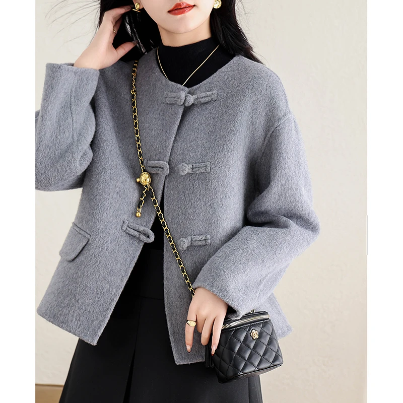 中式国风盘扣双面呢大衣女短款小个子零羊绒新款秋冬毛呢外套保暖