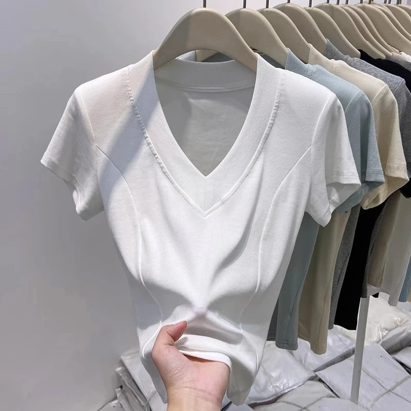 正肩V领螺纹短袖T恤女2025夏季欧若风修身短款显瘦鱼骨收腰上衣潮