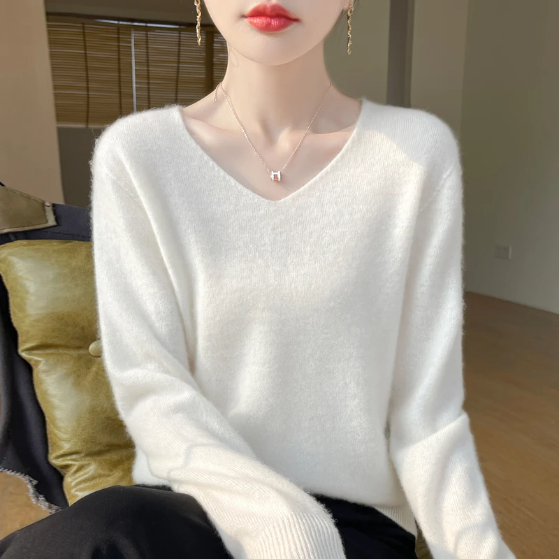 【100羊毛无缝一体V领】秋冬新款长袖女羊毛衫纯色套头显瘦减龄宽松