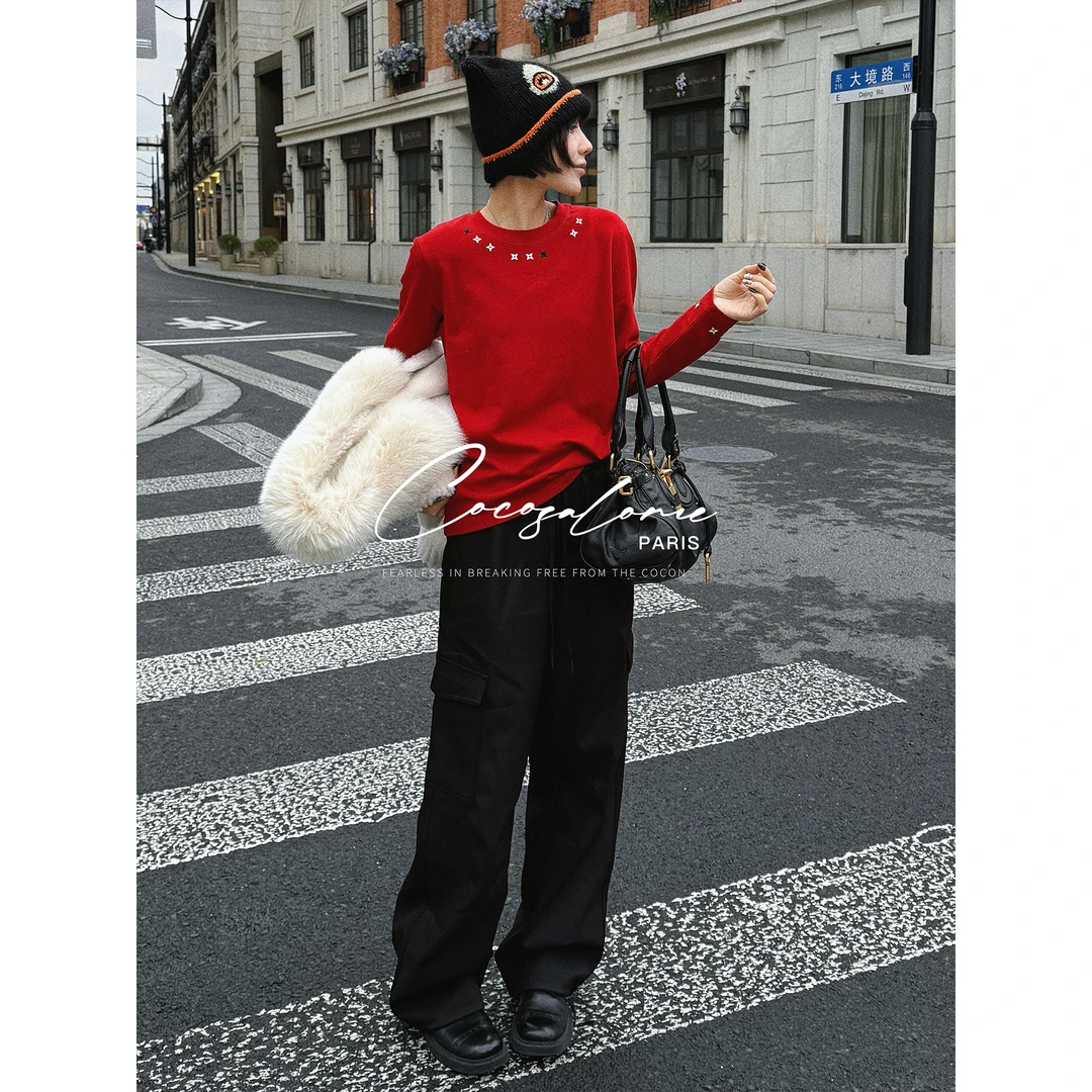 韩彬彬"满天星长袖"重磅加厚240g刺绣圆领新年氛围感打底衫915G-8