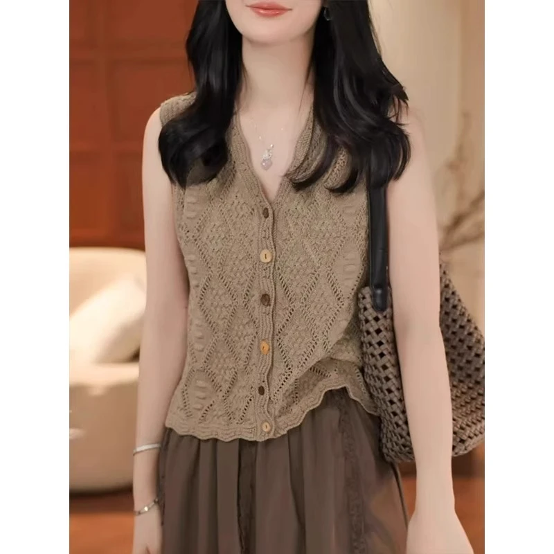 芯娇晴镂空V领针织开衫背心女2025夏季新款休闲无袖坎肩马甲上衣