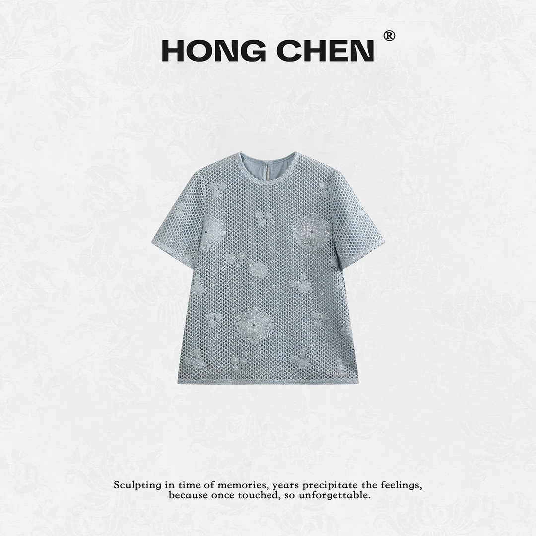 【虹辰】高端时尚镂空蕾丝花珠片气质百搭高级感花卉上衣--HC2602