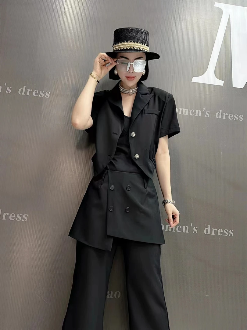 法式时尚套装短袖西装显瘦黑色洋气时尚收腰连衣裙套装百搭