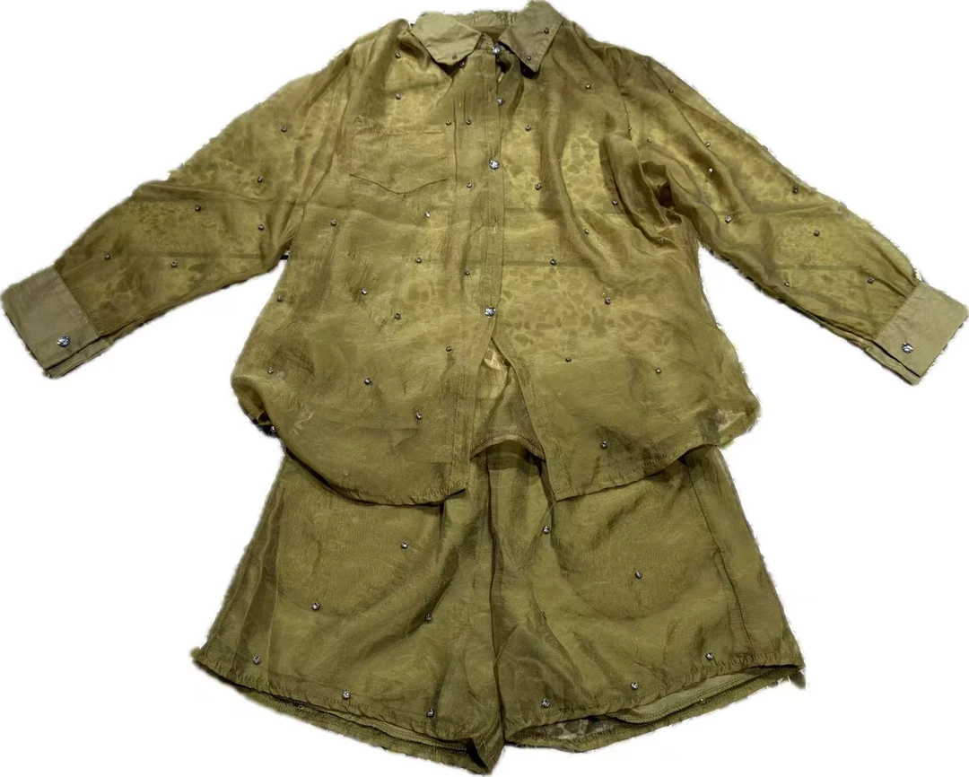 1829大码夏季复古钉钻薄款防晒衬衫两件套时尚套装