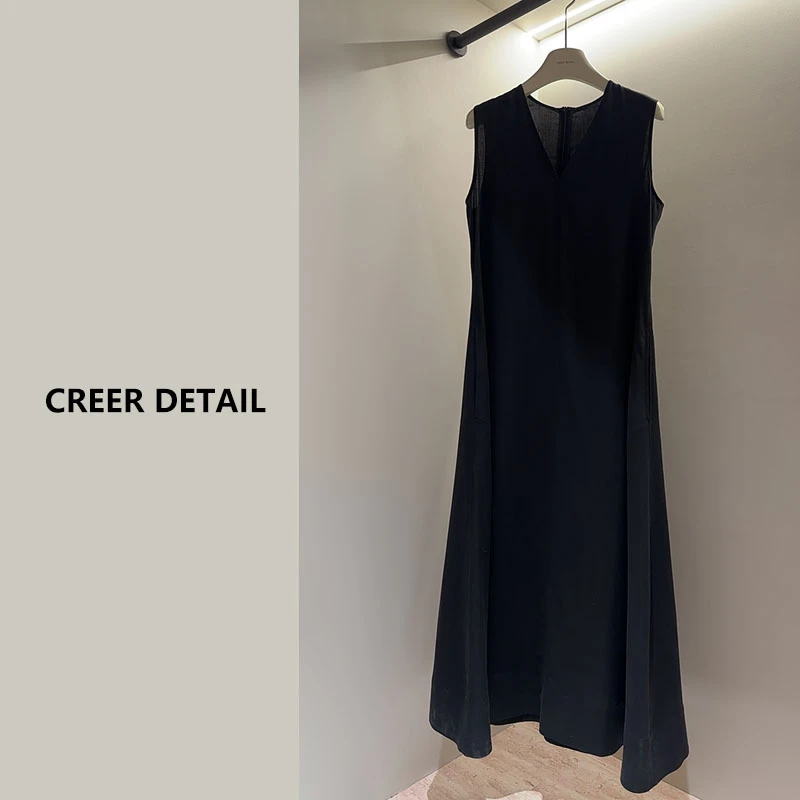 极简大牌感丝麻无袖连衣裙气质显瘦黑色中长款中长款裙子