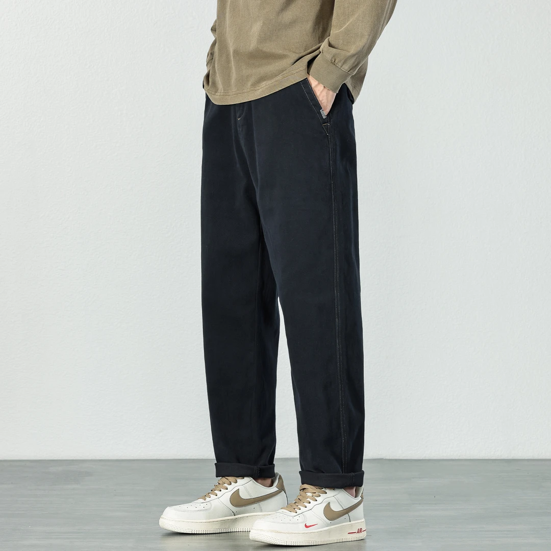 2025秋冬纯棉休闲裤男士宽松直筒加绒锥形裤纯色百搭黑色哈伦长裤