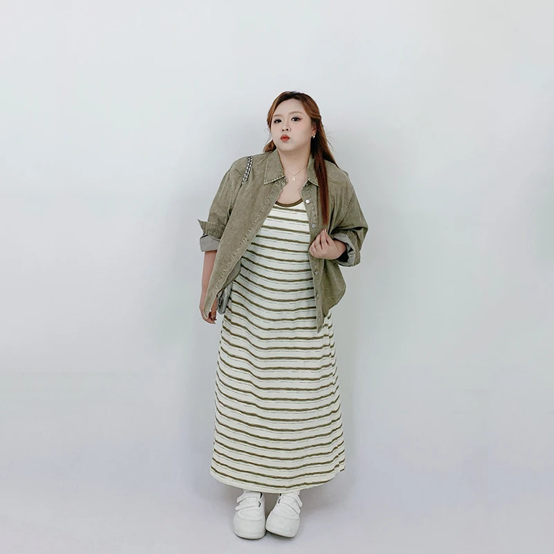 Milu家大码女装秋季复古无袖条纹连衣裙宽松牛仔外套胖mm显瘦套装