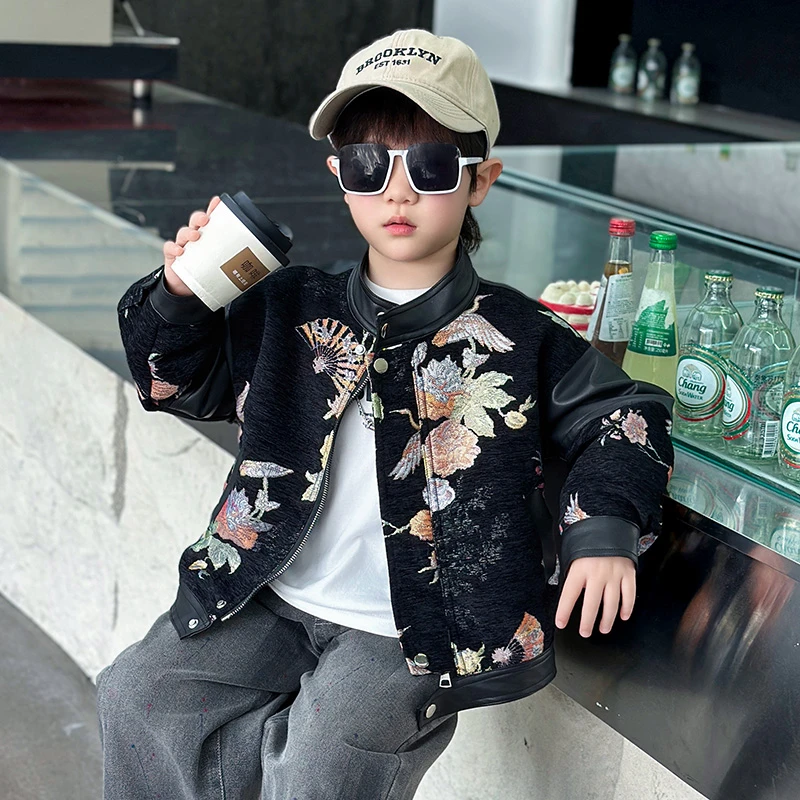 童装男童春装2025新款国风皮衣时尚高级定制国潮刺绣中式夹克外套