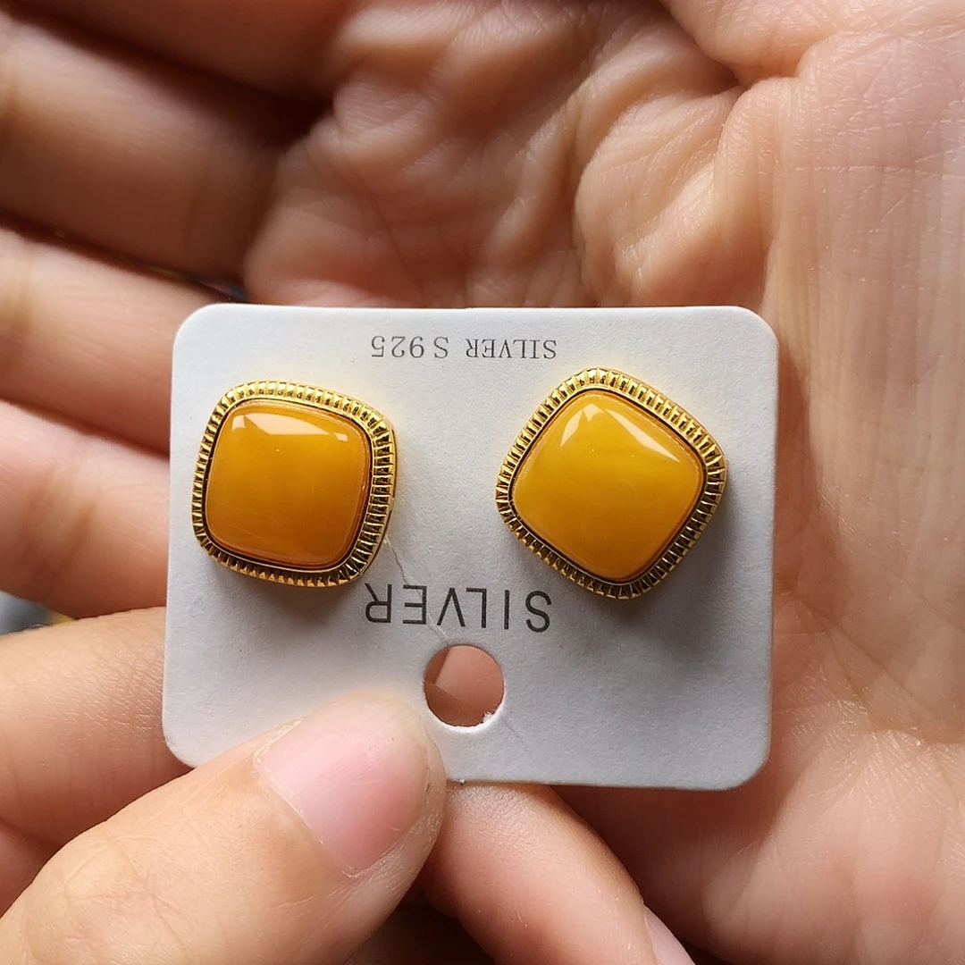 蜜蜡耳饰银S925镶嵌耳钉