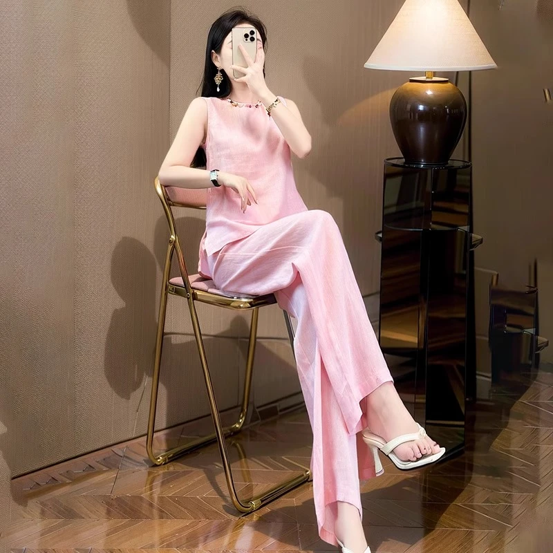 老钱风2025新款清纯系夏日穿搭套装亚麻粉色马甲阔腿裤两件套女装