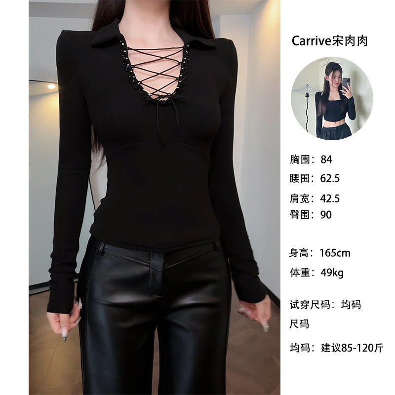 【Carrive宋肉肉】辣妹性感POLO领深V绑带烫钻上衣修身显瘦长袖T恤