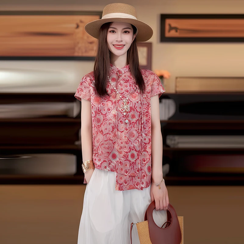 休闲新中式套装女2025夏季新款立领盘扣流苏提花上衣灯笼裤两件套