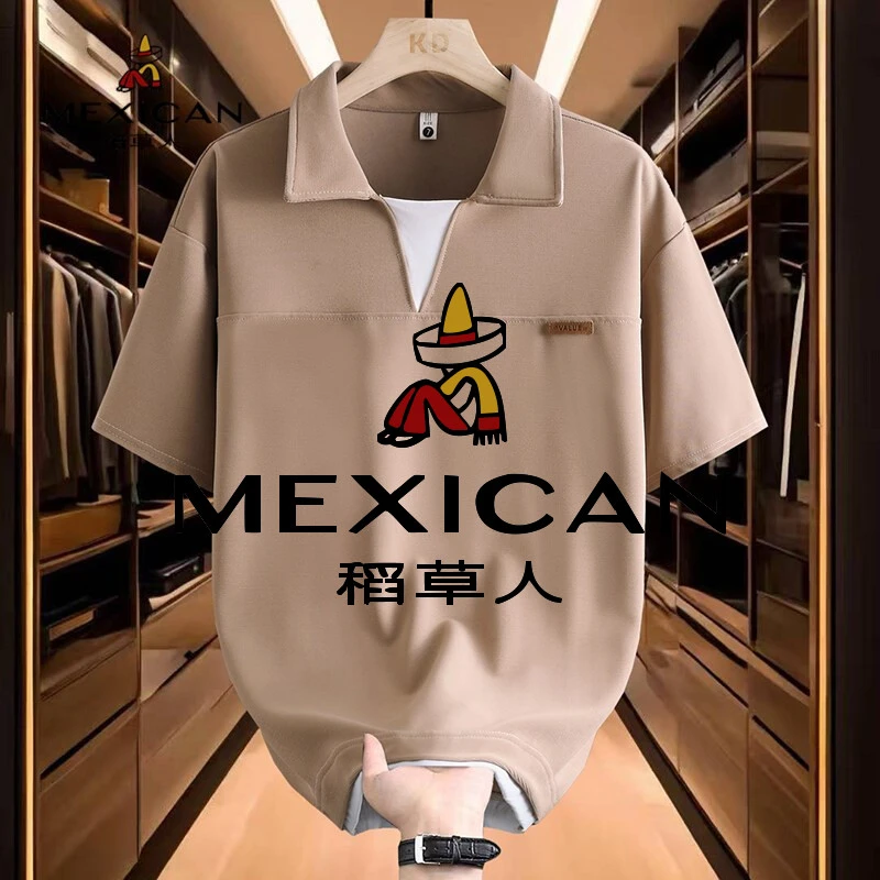 Mexican/稻草人夏季高级感冰丝短袖T恤男落肩翻领男士POLO衫短袖