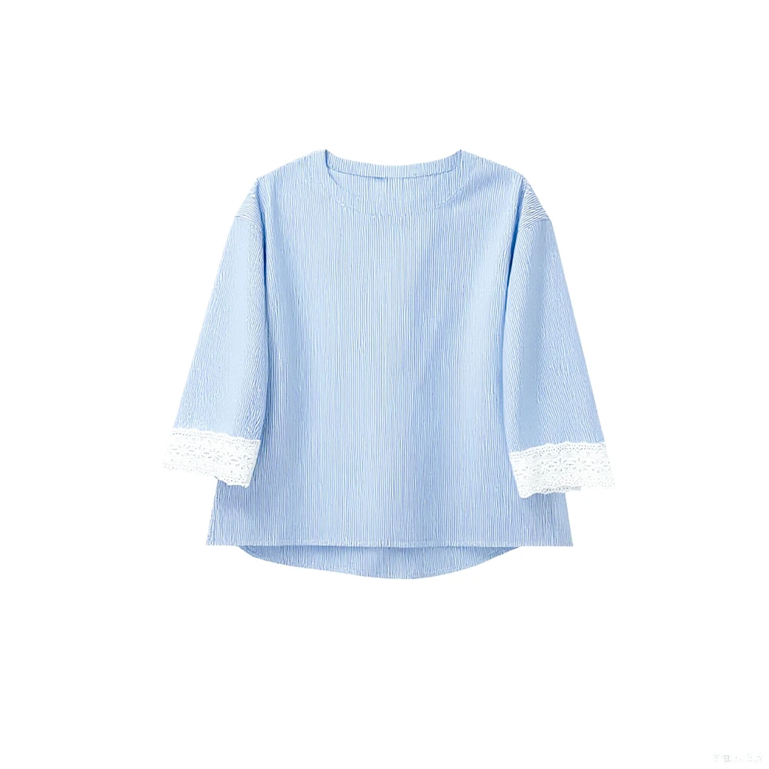 【橙庐】104002原创细条纹拼接蕾丝七分袖罩衫 春夏秋女款时尚通勤