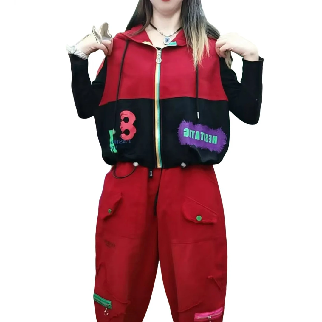 潮牌休闲连帽拼接印花短款马甲女