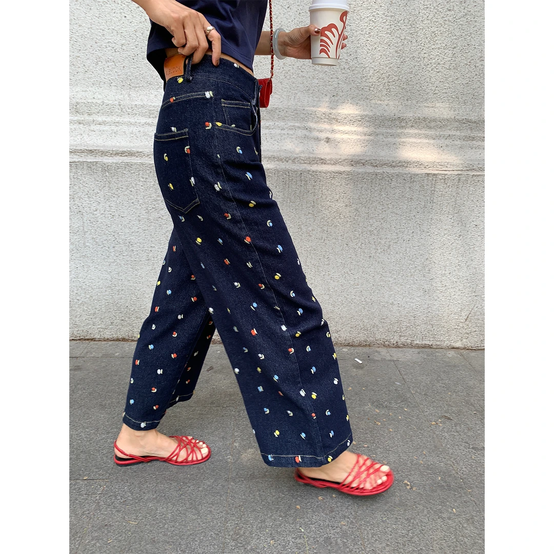 落落狷介 牛仔裤女2025新款高腰刺绣宽松小个子九分裤牛仔碎花裤