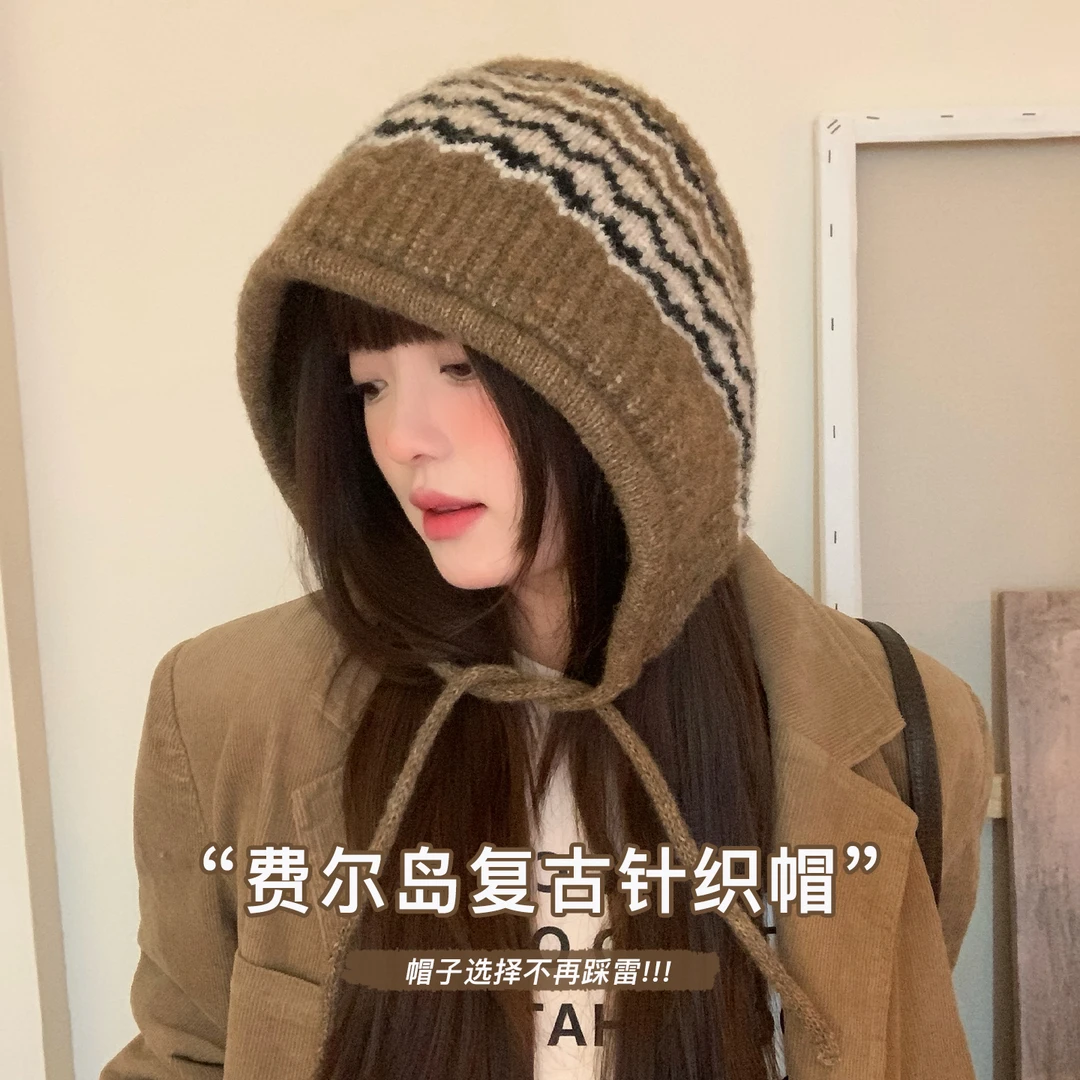 费尔岛帽子女大头围毛线针织帽秋冬复古帽子