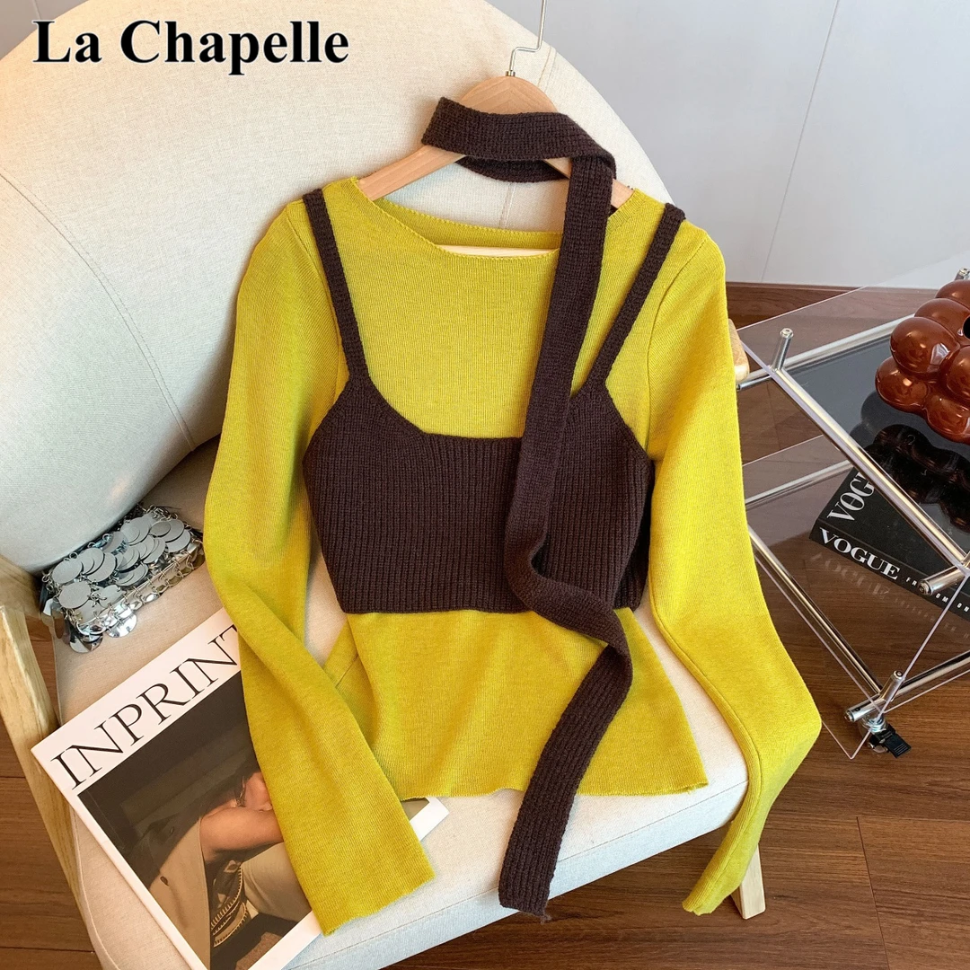 拉夏贝尔秋季修身长袖针织打底上衣+短款针织背心+飘带三件套女装