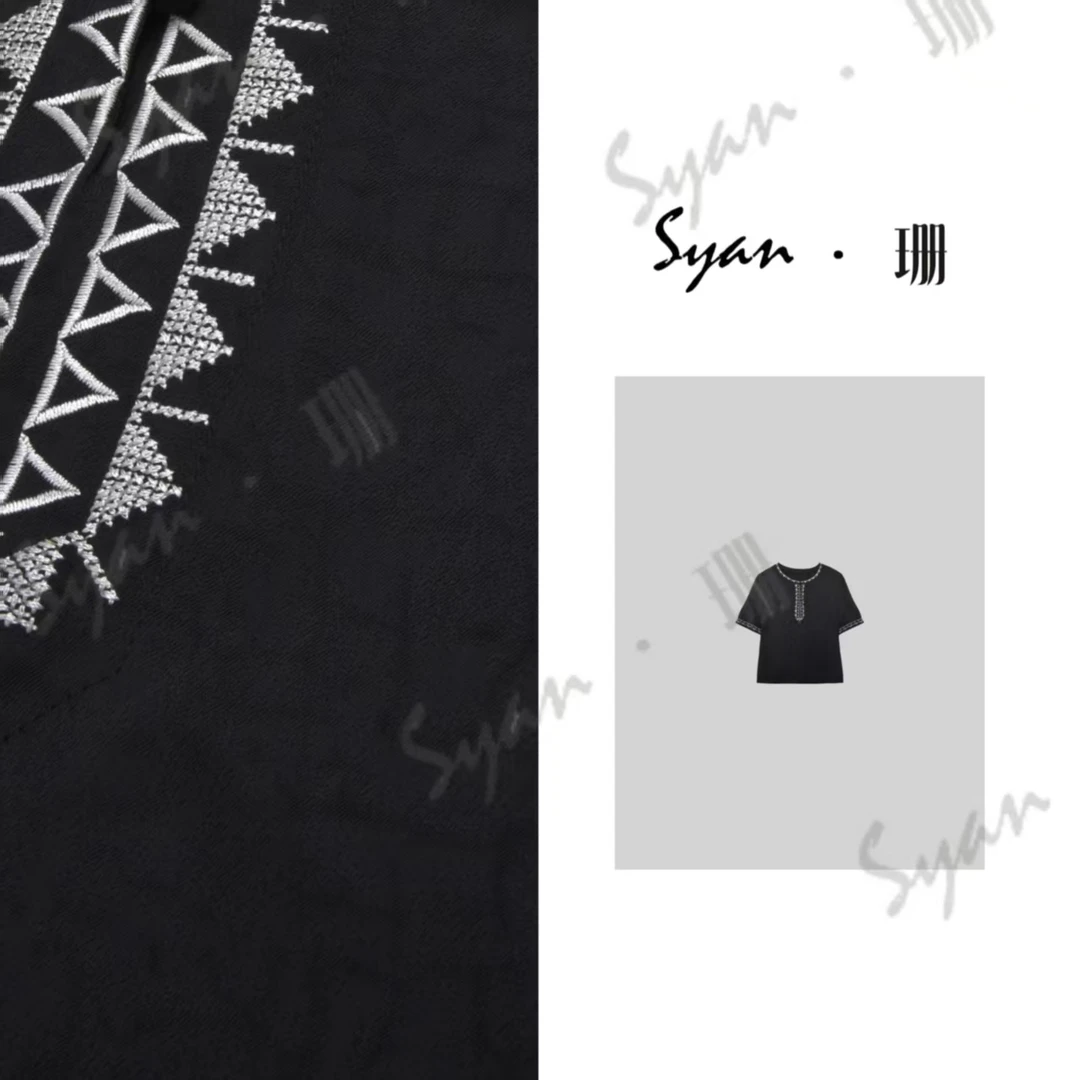 Syan【山月记】夏季女装休闲百搭新款潮流宽松简约个性时尚刺绣T恤