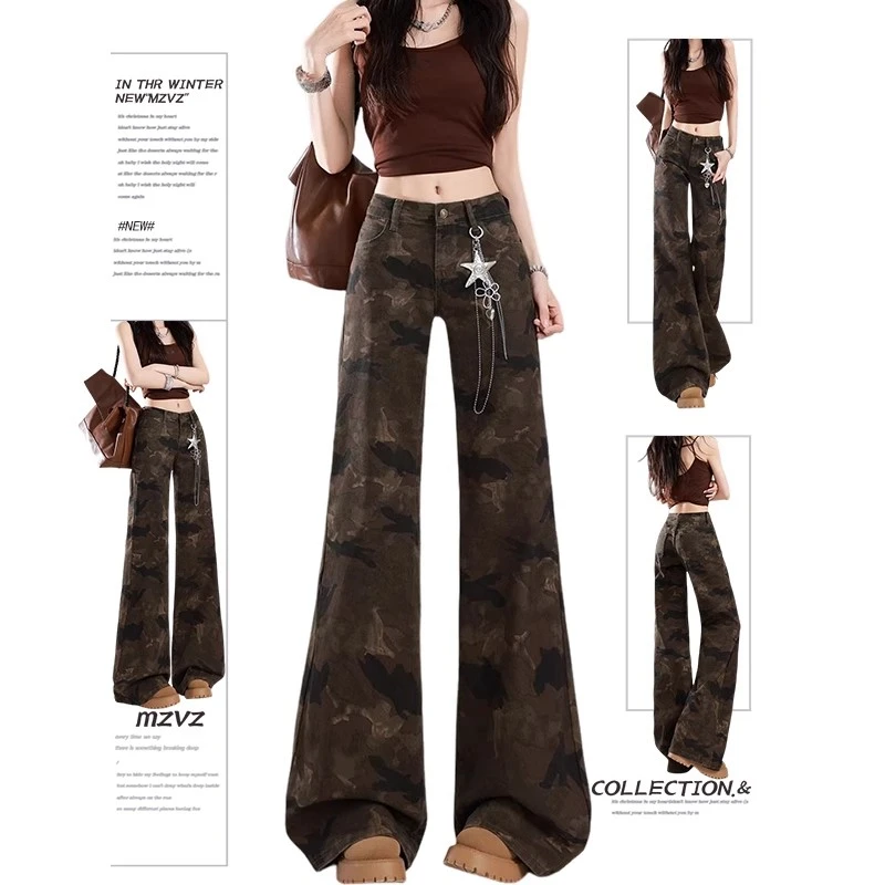 辣妹阔腿低腰迷彩微喇牛仔裤女美式宽松夏天薄款裤子微喇裤喇叭裤