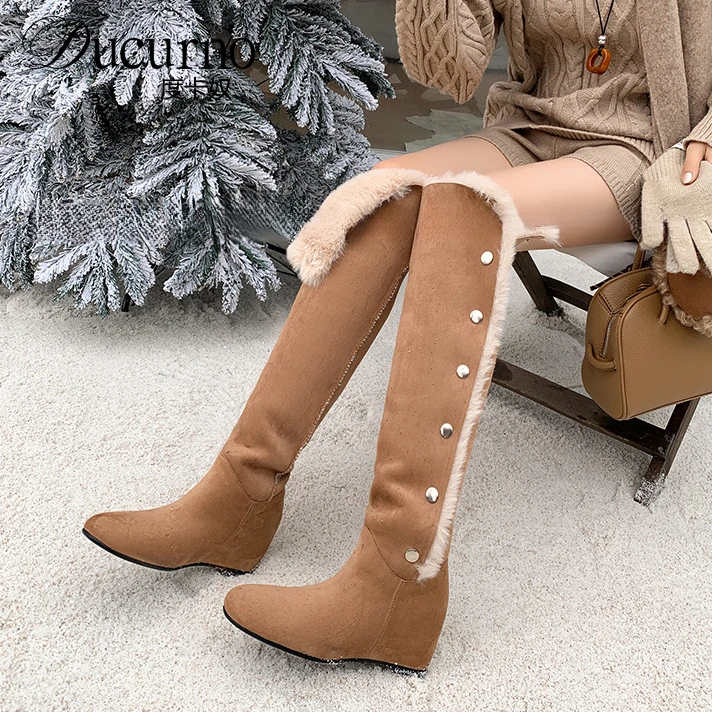 DUCURNO翻领两穿加绒加厚雪地靴女保暖棉靴内增高马丁靴中筒靴子