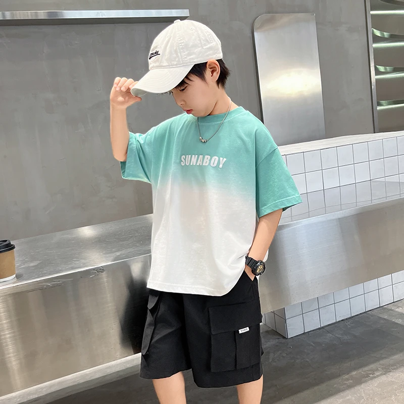 儿童夏款短袖2025年宽松男童渐变t恤潮中大童夏季洋气休闲半袖恤