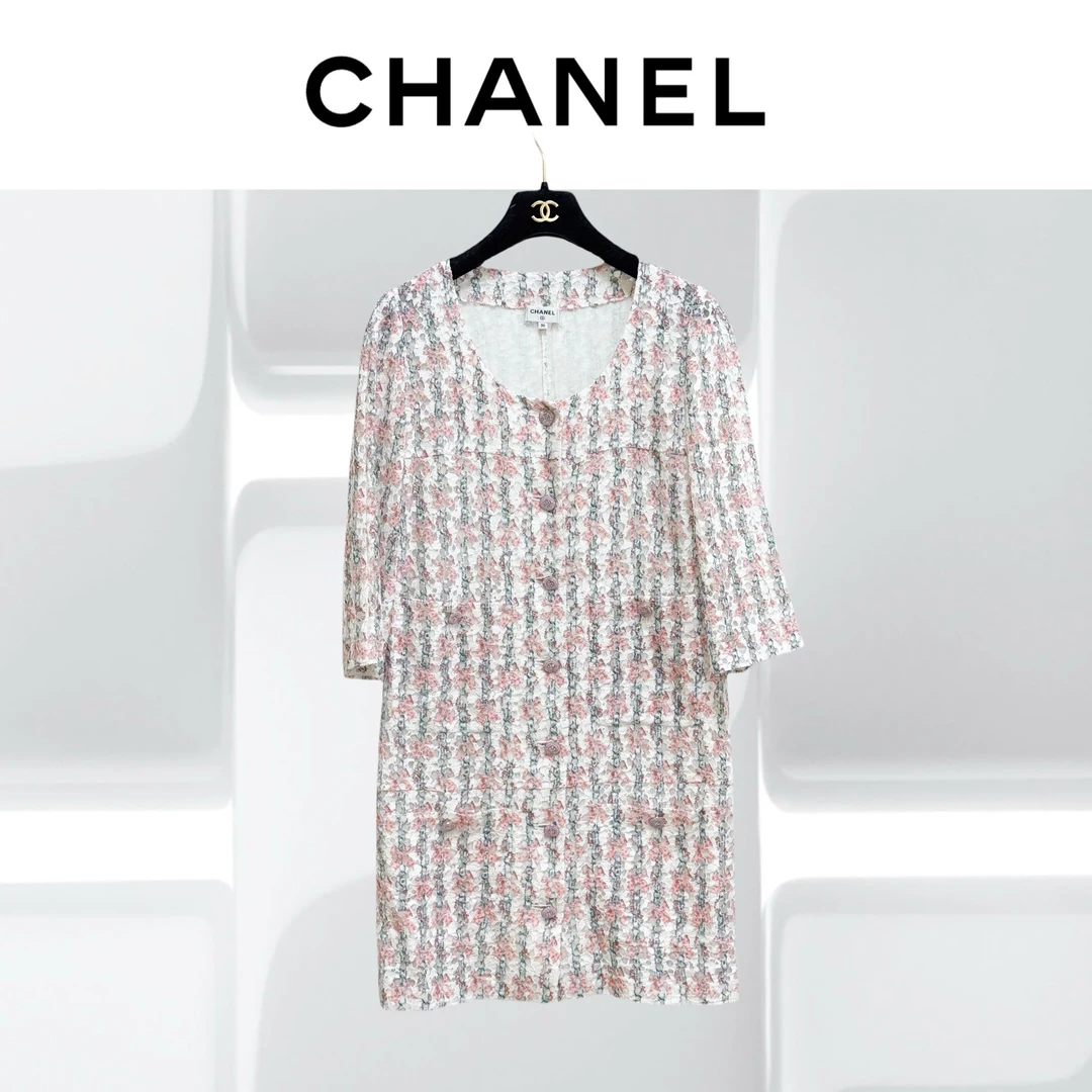99新 Chanel/香奈儿 36码23C早春度假粉白花朵中袖连衣裙