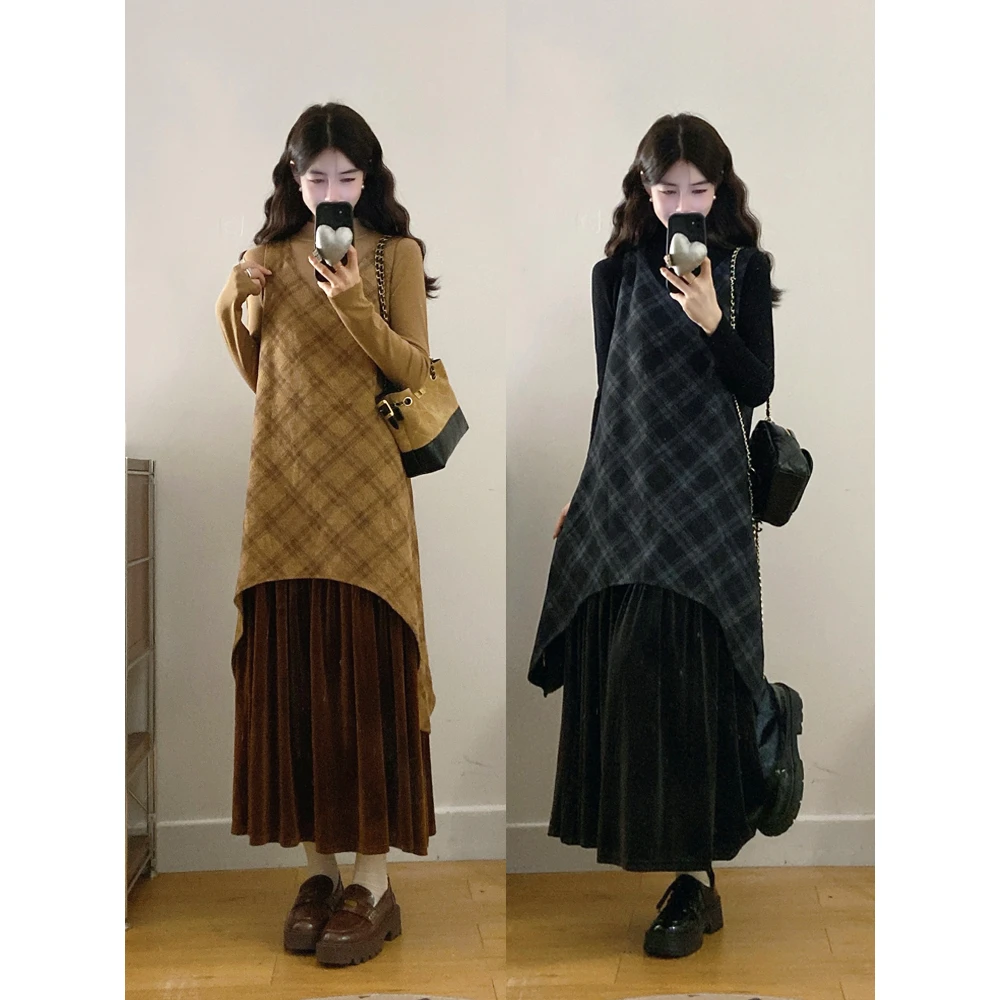 大码高级感毛呢格纹拼接丝绒连衣裙超好看显瘦冬裙两件套