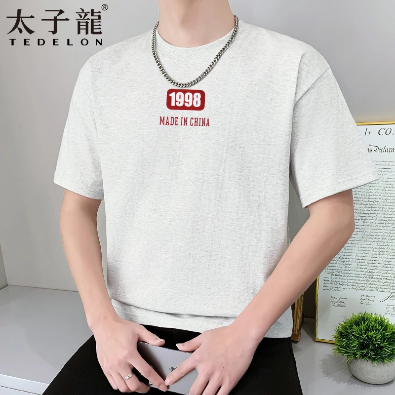 TEDELON/太子龙夏季男士圆领纯棉T恤百搭宽松半袖印花透气短袖男