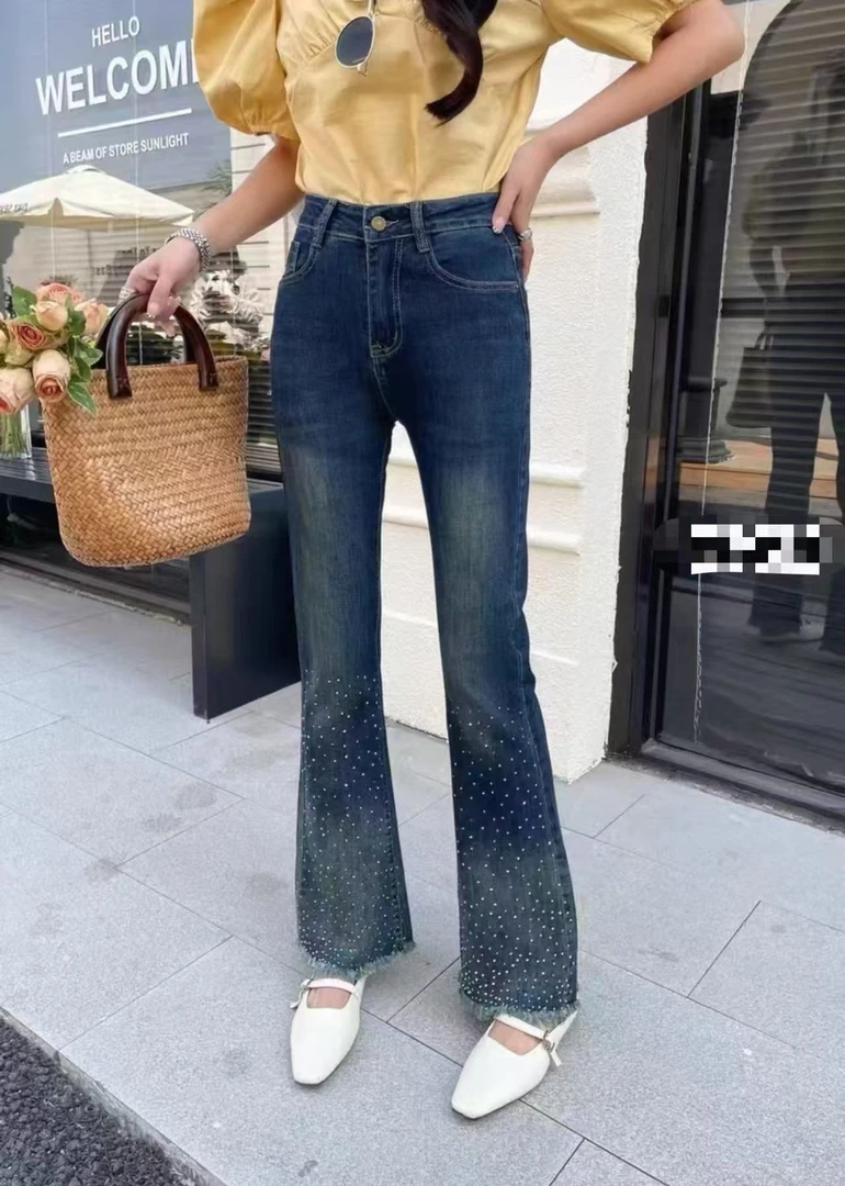 278910-（图片以直播间实物为准】满天星烫钻流苏毛边高腰微喇裤