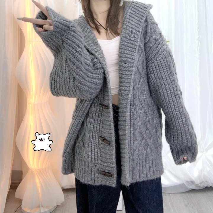 高级灰【201-550】时尚百搭慵懒风毛衣ins小众设计宽松韩版连帽