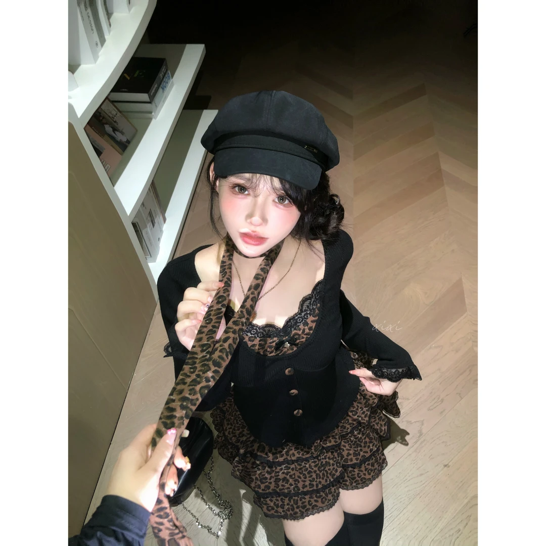 瑞茜·威瑟斯 小豹猫 秋季辣妹风显瘦假两件上衣豹纹半裙R6582-1H