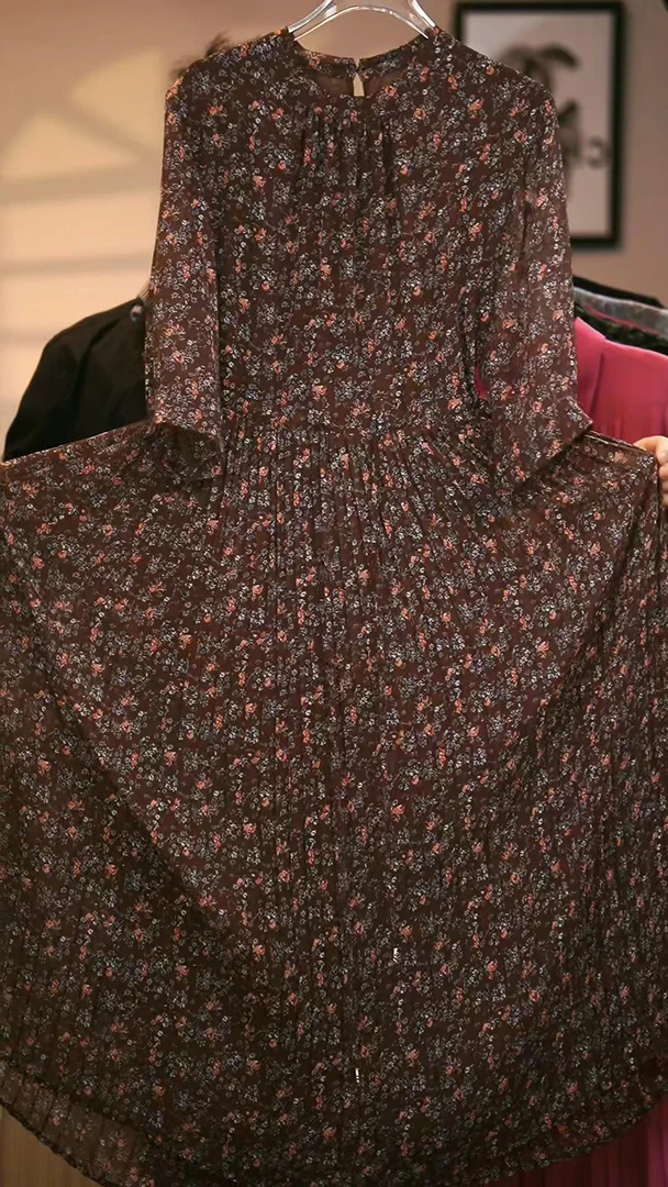 G1人面桃花咖色碎花宽松连衣裙女装连衣裙显瘦碎花长款