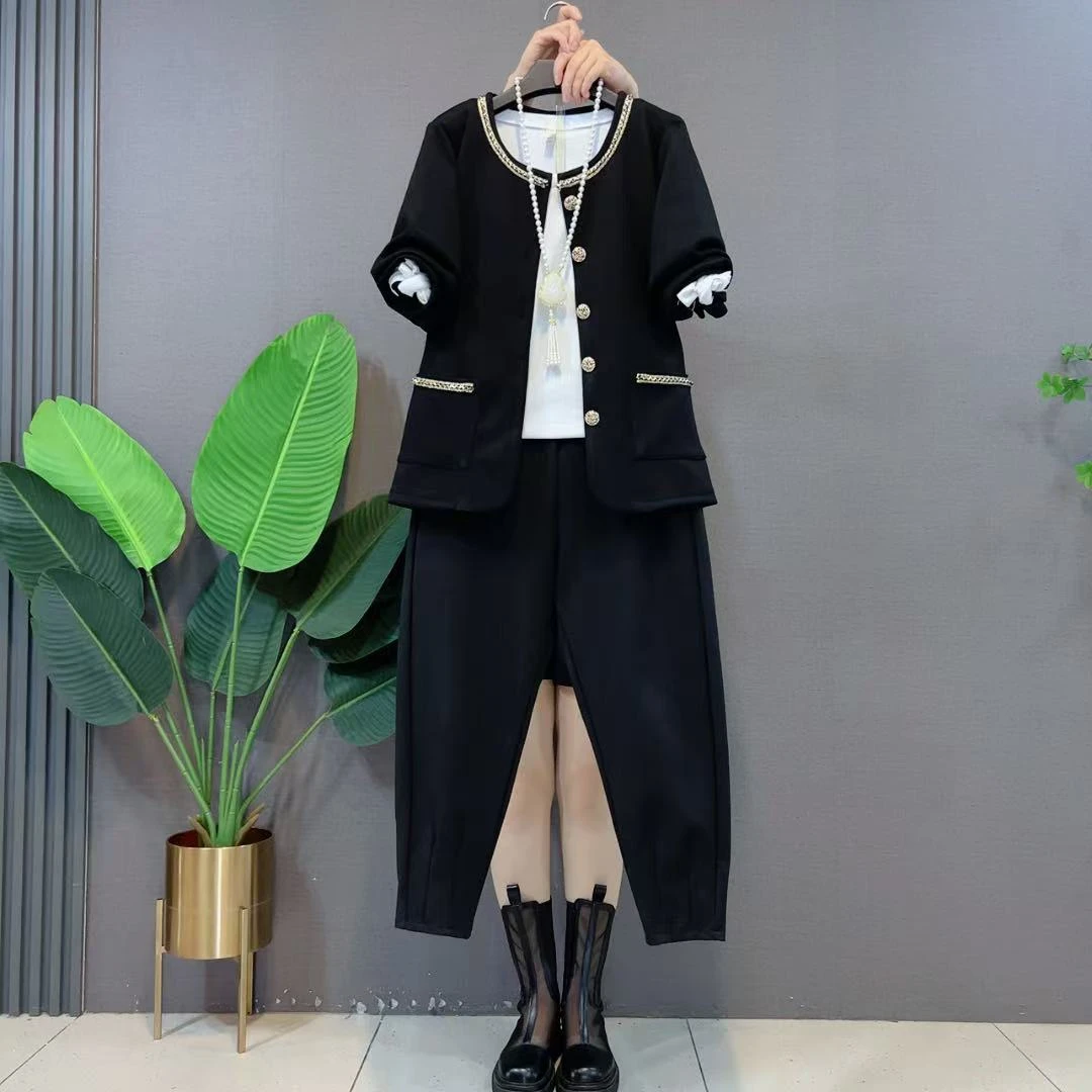 欧货名媛小香风重工时尚外套高哈伦休闲裤子洋气净版小衫时尚套装